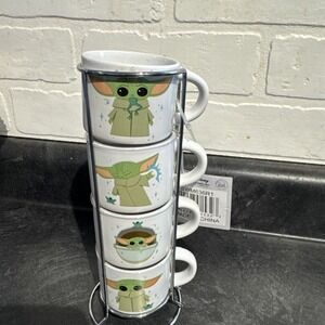 Baby Yoda Cartoon Disney 4 piece. Stackable Ceramic Espresso Small Cup Set, 3 Oz